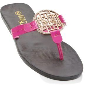 Rhinestone Pendant Thong Sandals - Neon Pink